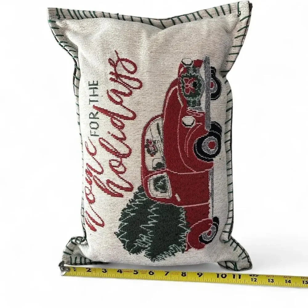 Vintage Christmas Throw Pillow Truck Tree Snowman Double Sided 18x10